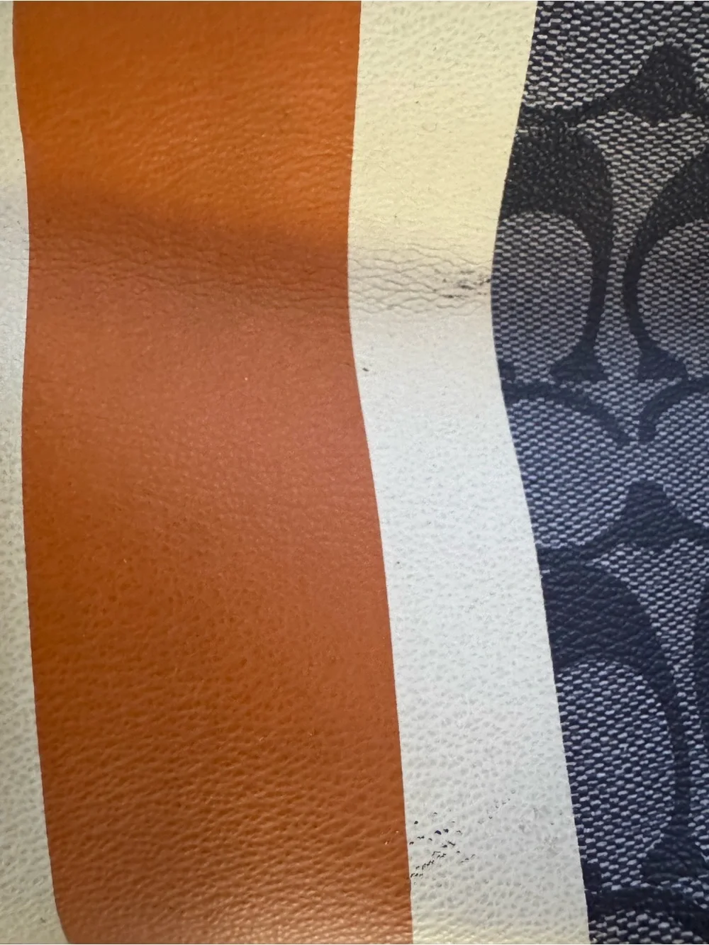 Coach Navy Signature Tote with Orange and Cream Center Stripe and Tan Handles